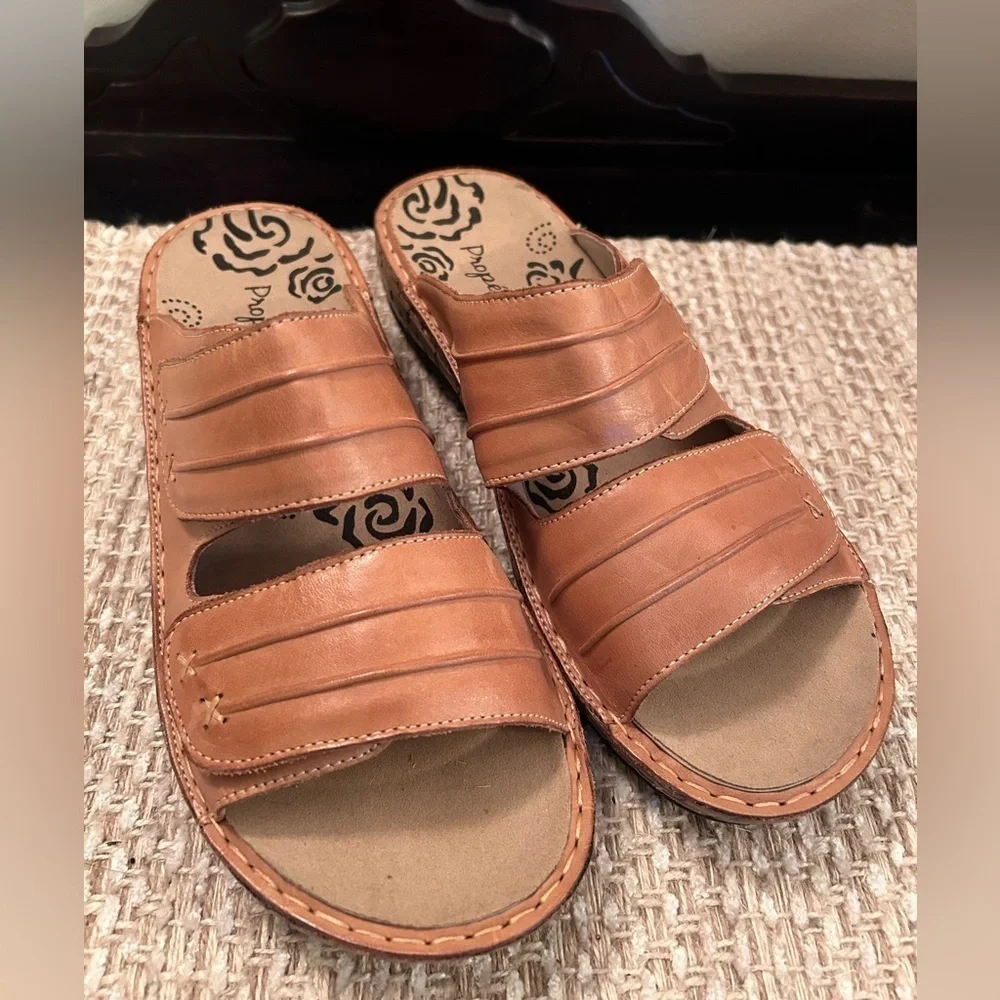 Propet June Sandal Slide Wedge Comfort Brown Leather Adjustable WSO001L Women 10